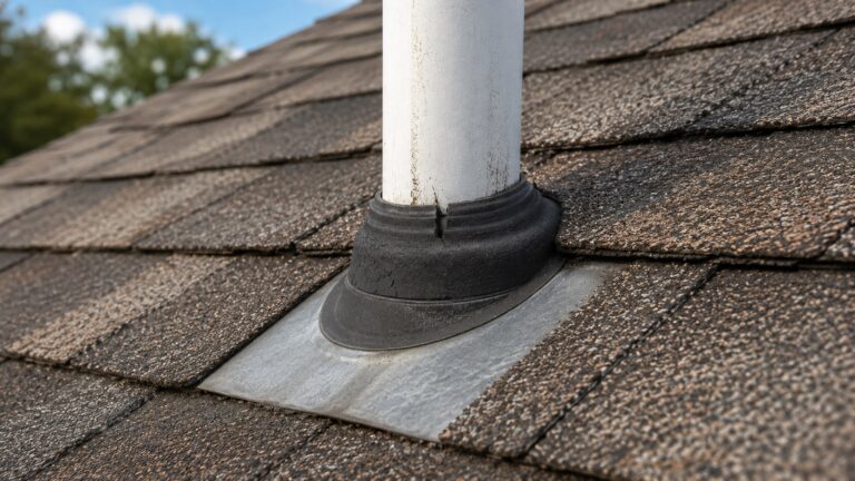 Roof vent pipe with worn rubber boot and surrounding shingles showing a common leak point around roof penetrations