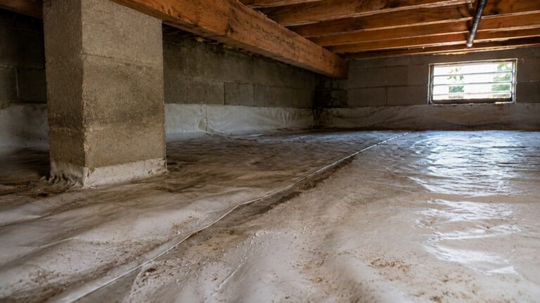 Damp crawl space vapor barrier with a loose seam, moisture beads, concrete pier, and foundation wall showing where tape and sealant may be needed.