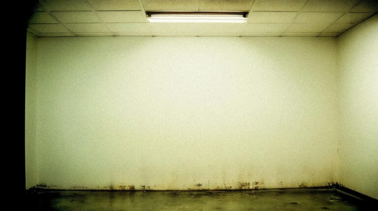 Damp basement room with stained walls and possible mold growth near the ceiling