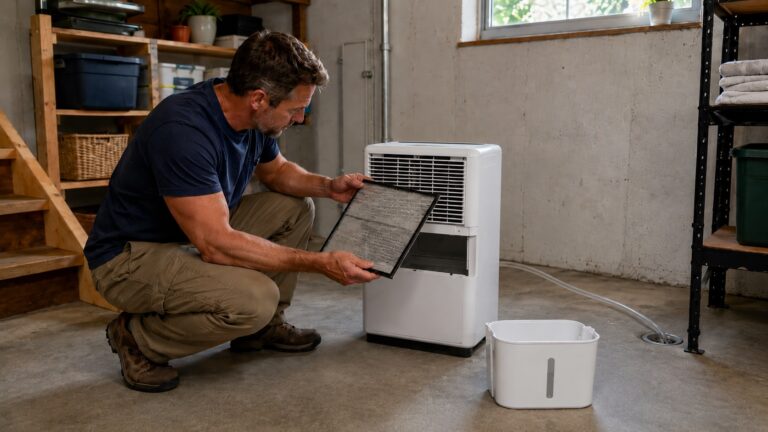 Homeowner maintaining a portable dehumidifier with the water bucket removed and filter being inspected in a clean basement.