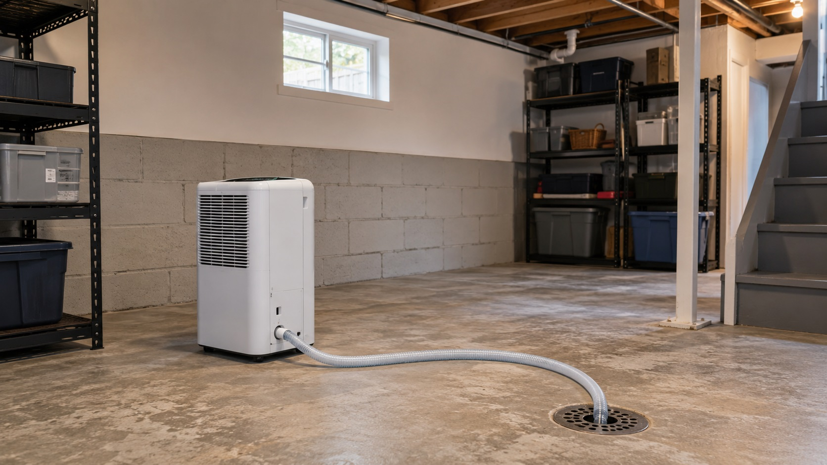 Portable dehumidifier placed in an open basement area with clear airflow space and a drain hose leading to a floor drain.