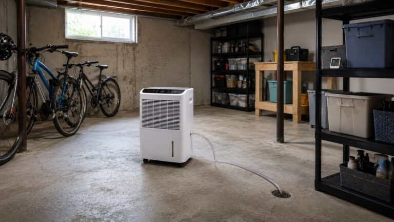 Portable dehumidifier running in a clean basement with a nearby hygrometer and drain hose for continuous humidity control.