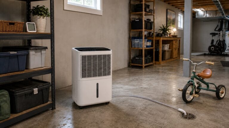 Dehumidifier set up in a basement with a drain hose and hygrometer for moisture control