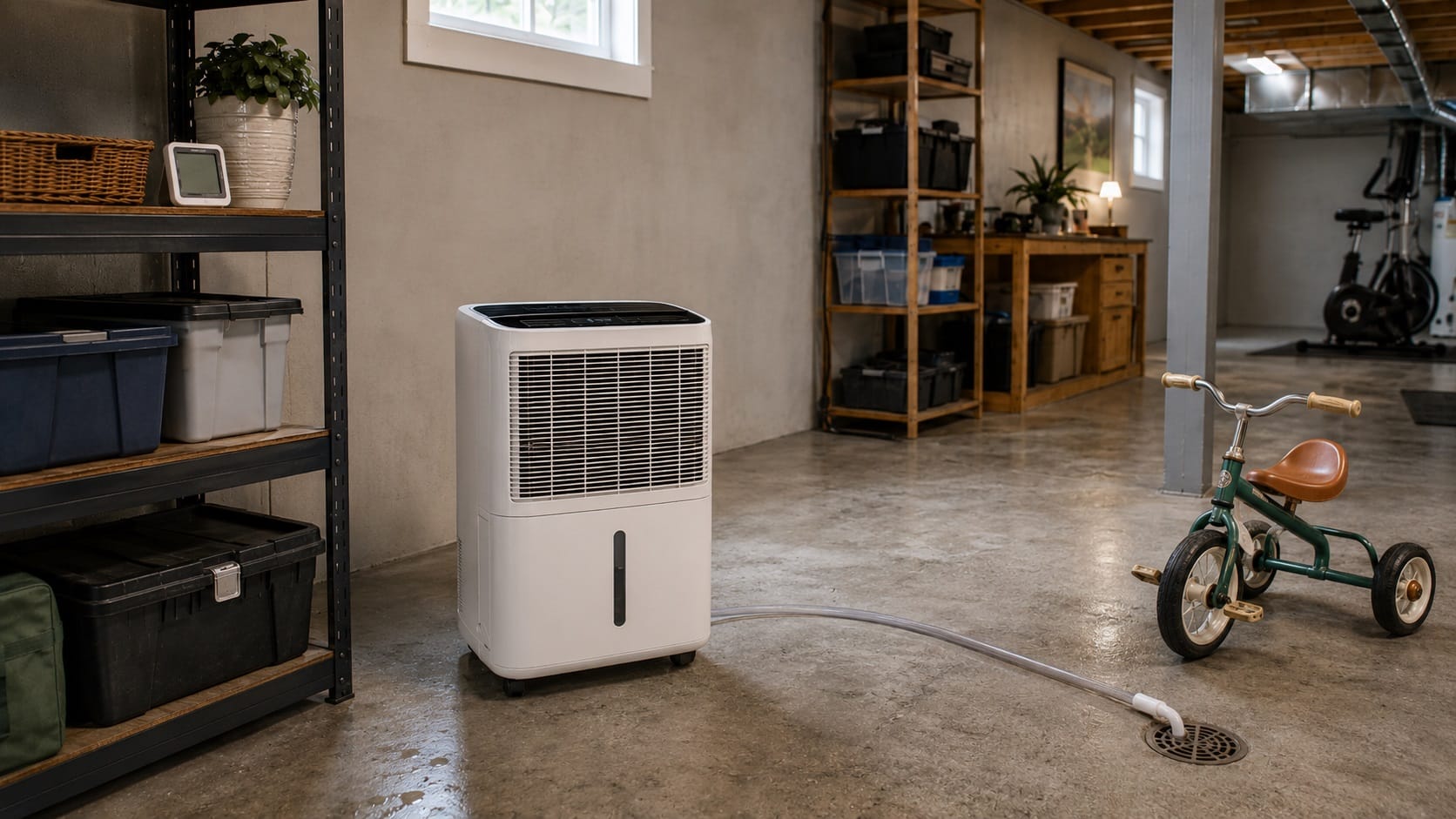 Dehumidifier set up in a basement with a drain hose and hygrometer for moisture control