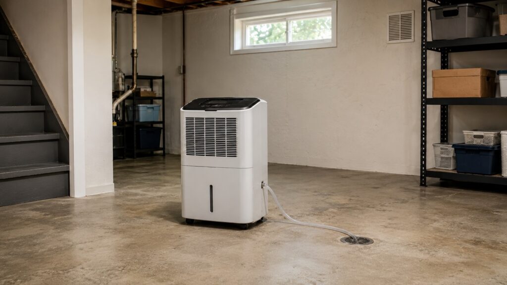 Portable dehumidifier running in a clean basement with a small window and ventilation details in the background.