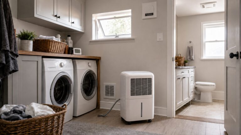 Portable dehumidifier in a clean home utility area with nearby ventilation details showing two ways to control indoor humidity.