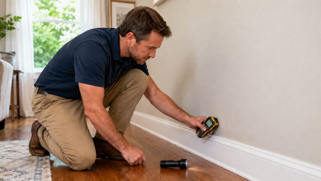 Homeowner using a moisture meter to check for hidden moisture near a baseboard and lower wall