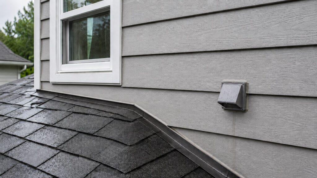 Exterior home wall showing subtle water entry risks near flashing, siding, trim, and a wall penetration after rain.