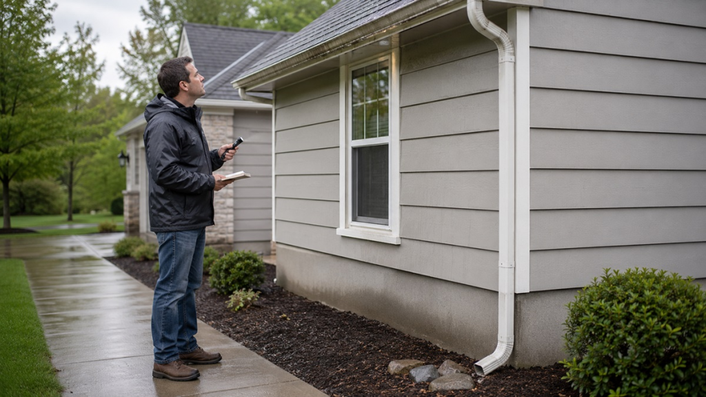 Homeowner inspecting exterior water entry points after rain near siding, gutters, and wall penetrations
