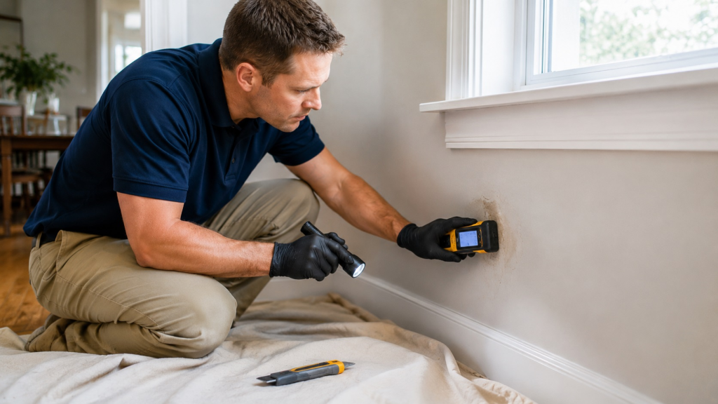 Home repair inspection before fixing a small moisture-damaged wall area