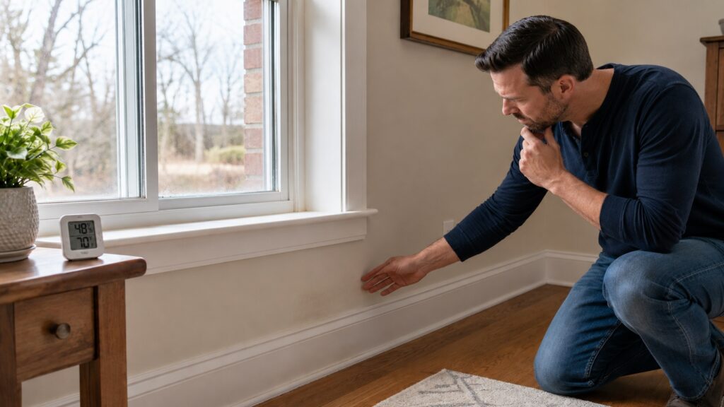 Homeowner comparing subtle window condensation with localized wall moisture signs to distinguish humidity from a hidden leak.