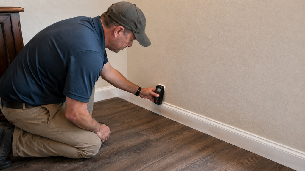 Moisture meter checking a dry-looking wall where hidden dampness may remain behind the surface