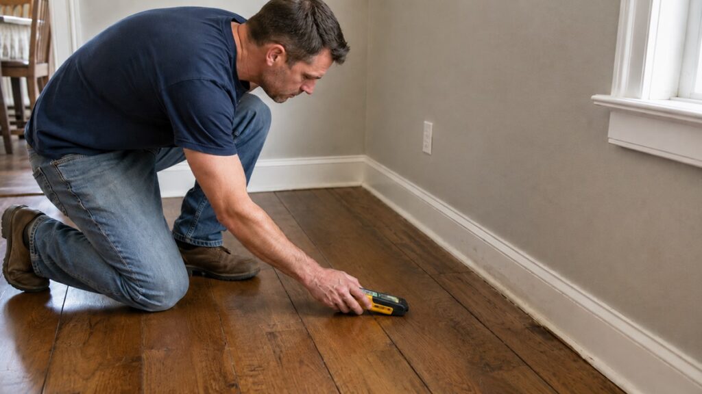 Homeowner using a moisture meter to check for hidden moisture under slightly cupped flooring
