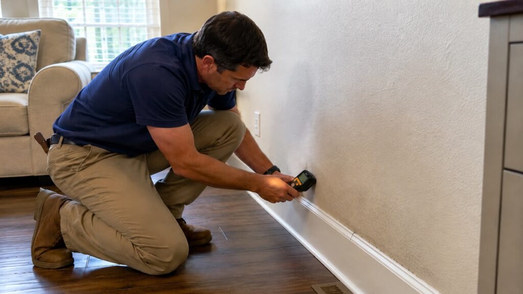 Homeowner using a moisture meter to check for hidden moisture near a lower wall and baseboard