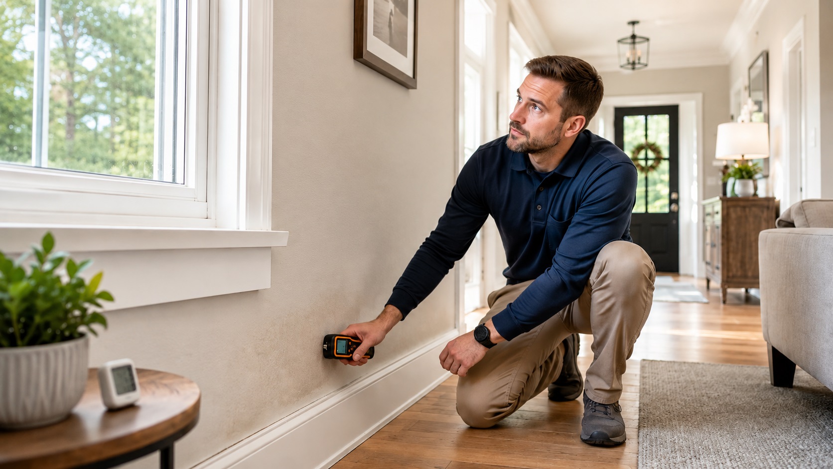 Homeowner using a moisture meter to inspect a subtle moisture problem near a wall and window