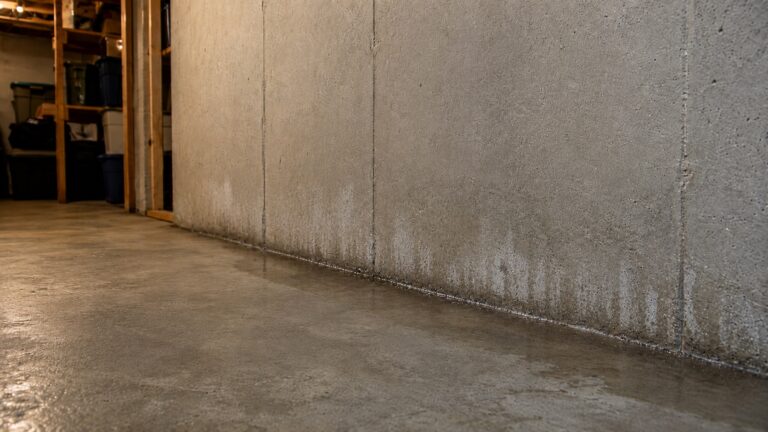 Basement wall and floor showing subtle water seepage caused by hydrostatic pressure after heavy rain