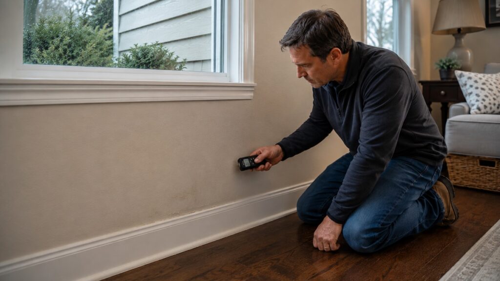 Homeowner inspecting a subtle lower-wall moisture stain that may come from exterior water entry.
