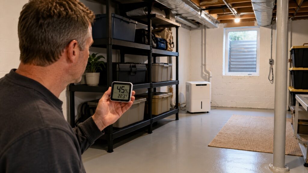 Homeowner checking indoor humidity in a clean dry basement as part of long-term moisture prevention