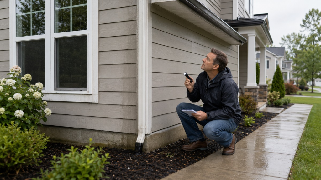 Homeowner using a moisture meter near a wall with a hygrometer nearby to check repeated moisture