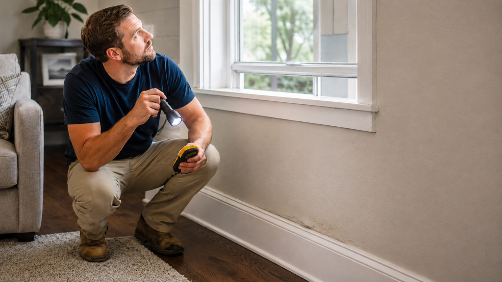 Homeowner tracing the source of a subtle moisture stain instead of only inspecting visible damage