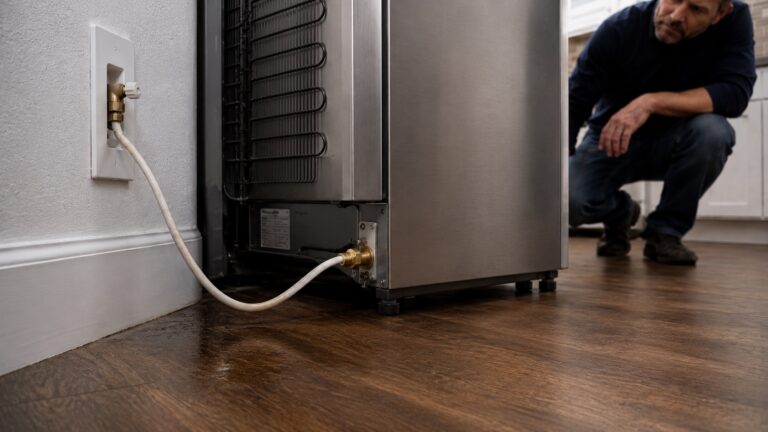 Worn refrigerator water line leaking behind a stainless steel fridge with damp wood flooring near the wall connection.