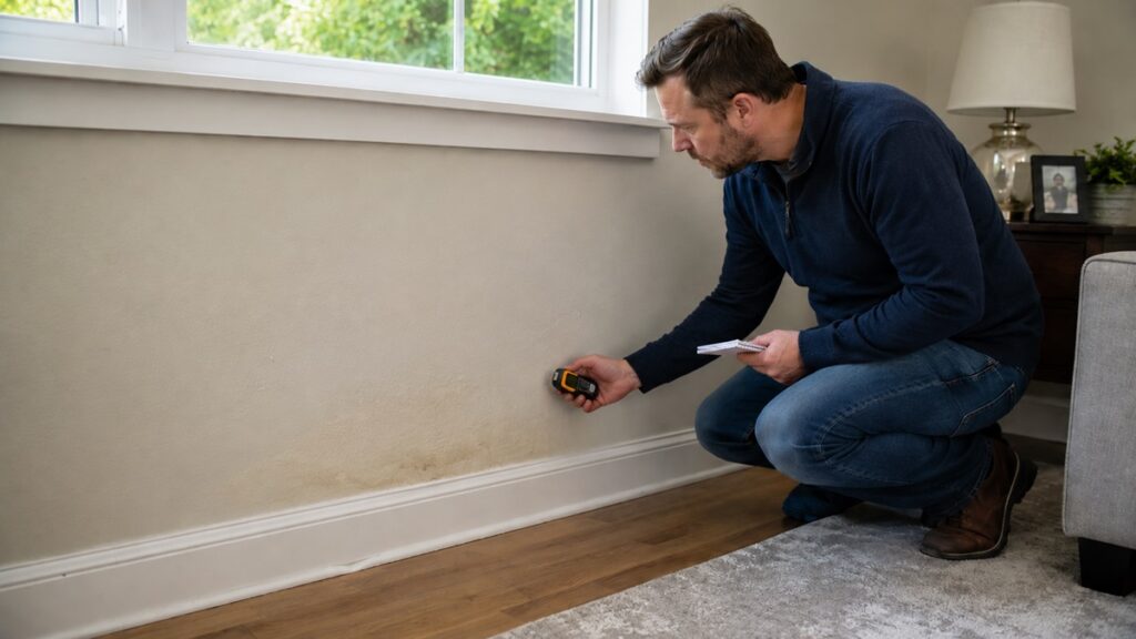 Homeowner inspecting subtle recurring moisture damage near a lower wall and baseboard after repairs