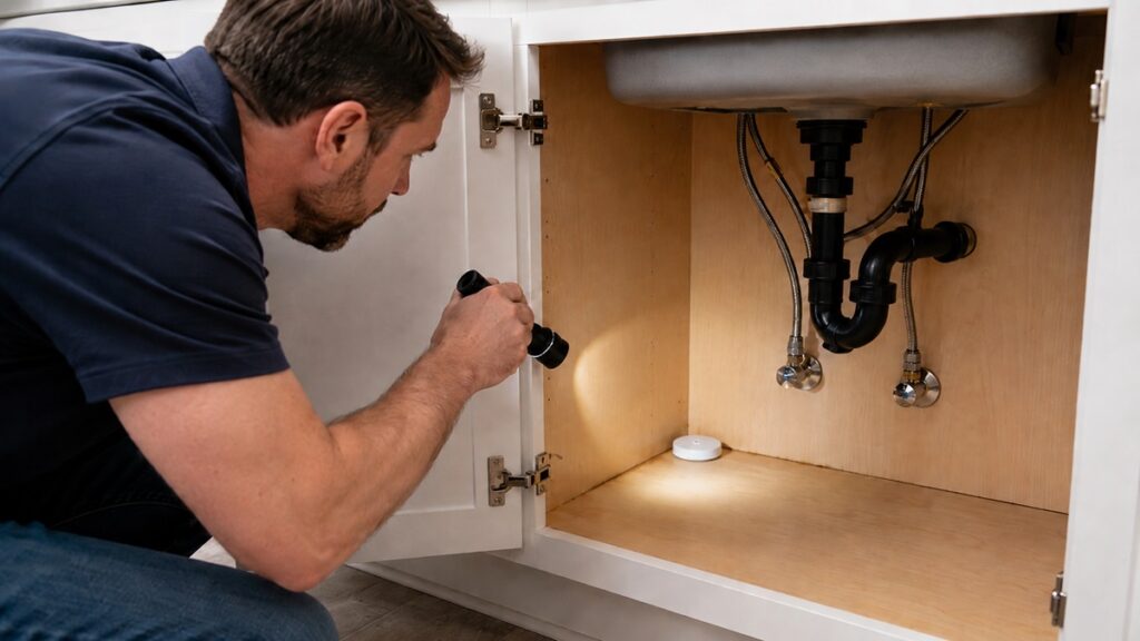 Homeowner checking for repeated moisture under a sink with a small leak sensor near plumbing connections
