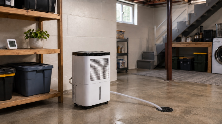 Portable dehumidifier with drain hose and hygrometer in a clean basement showing proper moisture control setup.