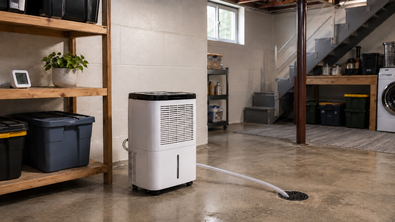 Portable dehumidifier with drain hose and hygrometer in a clean basement showing proper moisture control setup.