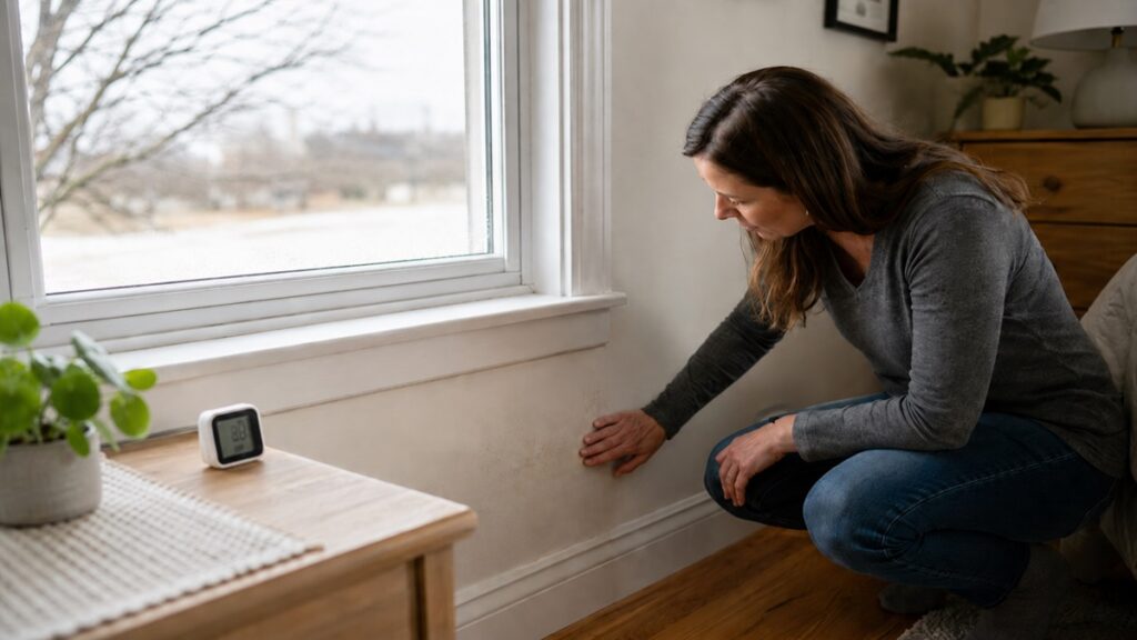 Homeowner inspecting light seasonal condensation and subtle wall moisture near a window