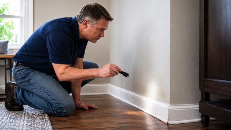 Homeowner inspecting subtle wall staining, bubbling paint, and swollen baseboard trim for signs of a slow hidden water leak.