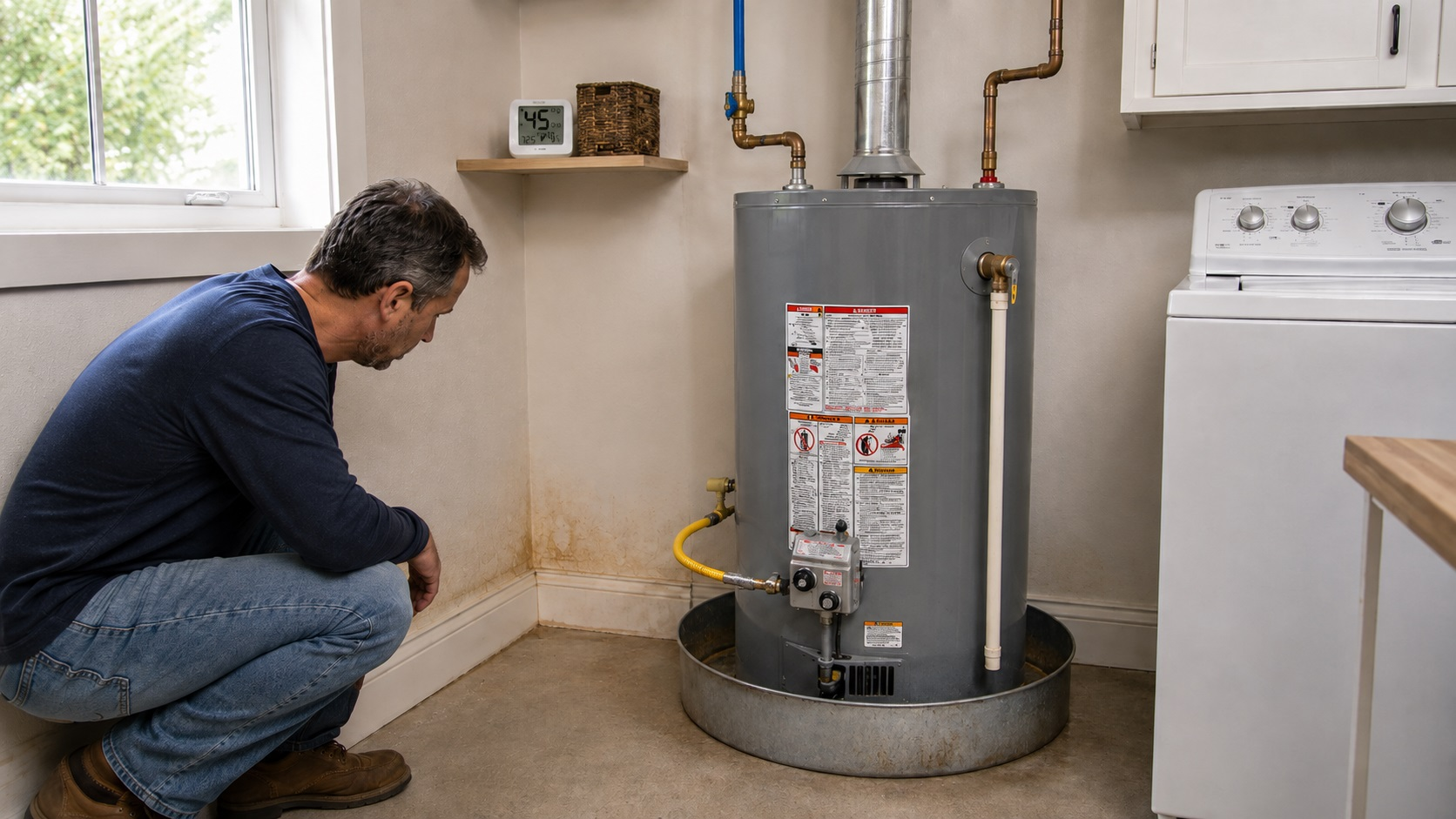 Man inspecting subtle water stains and floor discoloration around a water heater in a laundry room.