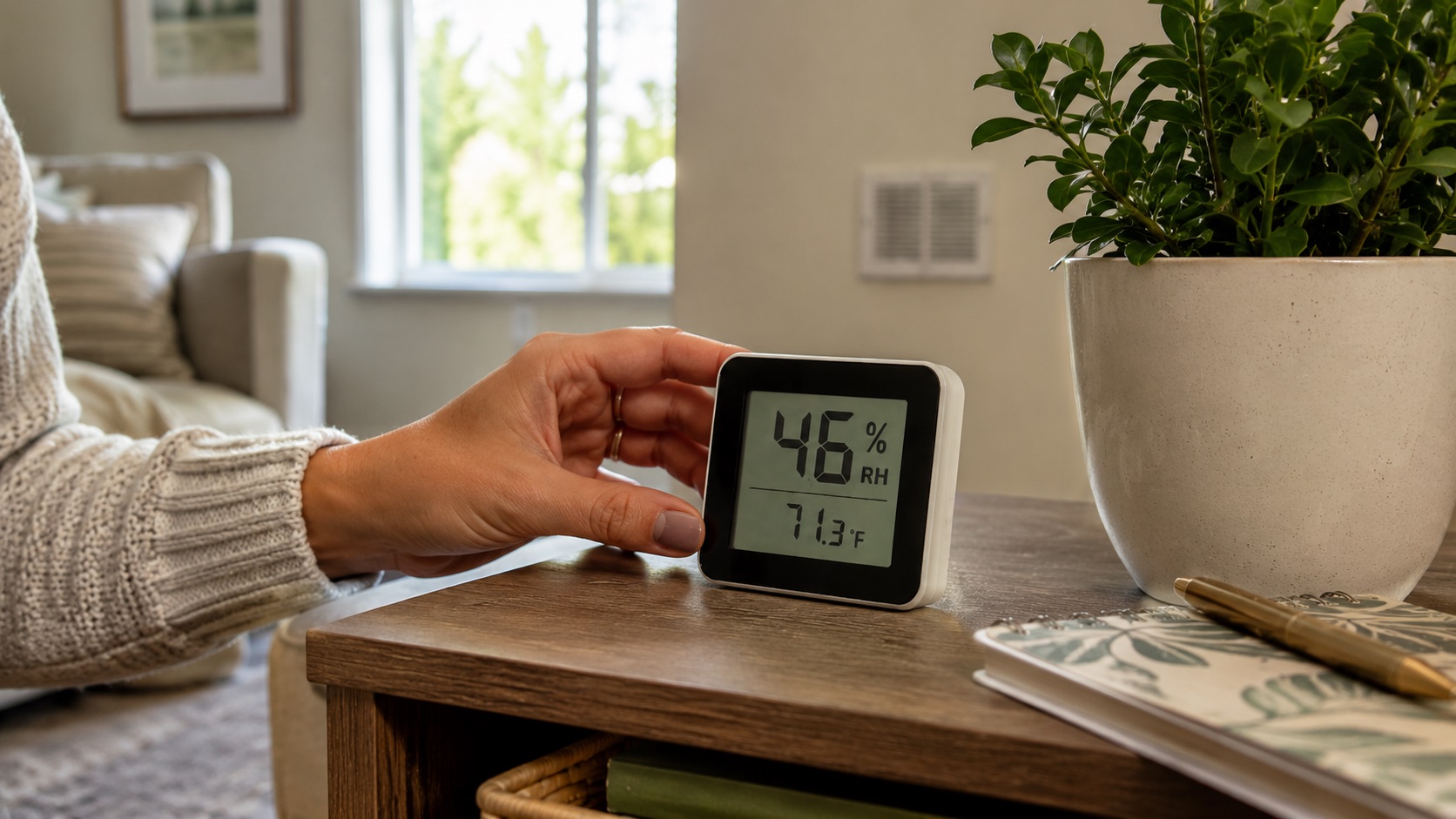 Digital hygrometer measuring indoor humidity levels in a residential room