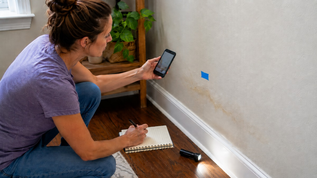 Homeowner documenting a faint wall stain to track whether a hidden leak pattern is returning over time.