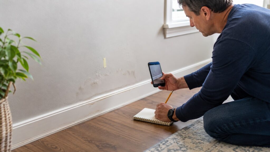 Homeowner documenting a recurring moisture stain on a wall with a notebook and phone photo