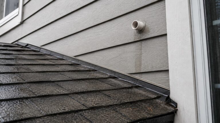 Exterior wall of a home showing subtle moisture risk near siding, trim, flashing, and a wall penetration after rain.