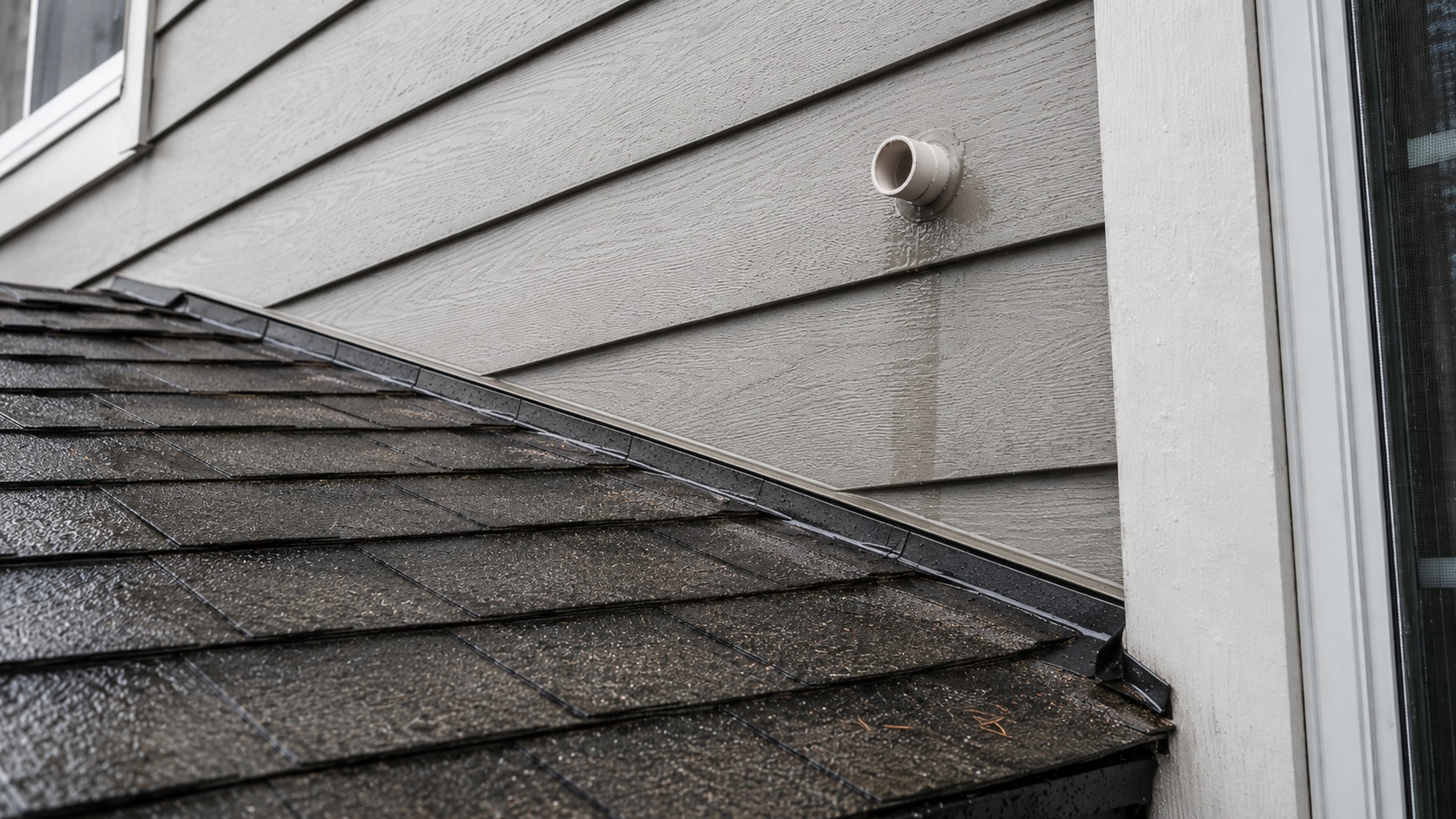 Exterior wall of a home showing subtle moisture risk near siding, trim, flashing, and a wall penetration after rain.