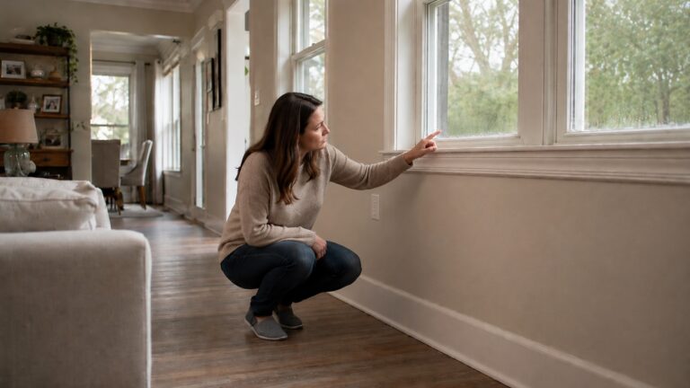 Homeowner checking light window condensation caused by excess indoor humidity in a residential living space