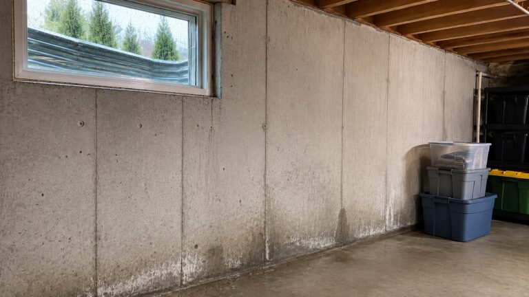 Concrete basement wall with subtle damp patches and a small wet area near the wall-floor joint after rain.