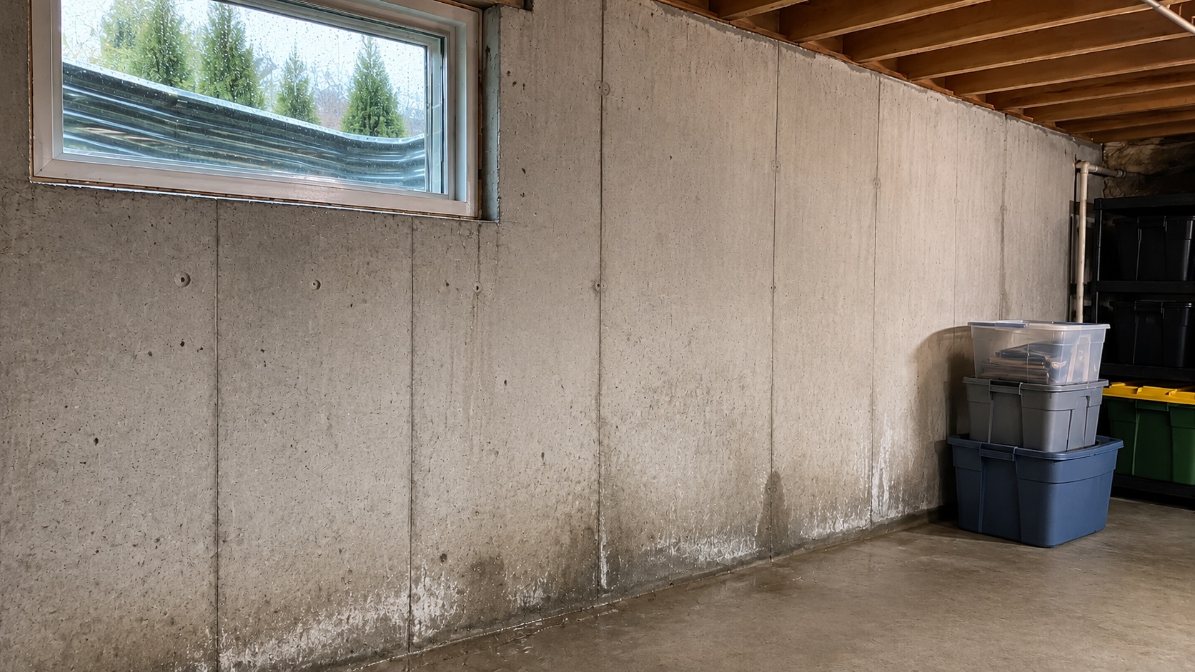 Concrete basement wall with subtle damp patches and a small wet area near the wall-floor joint after rain.