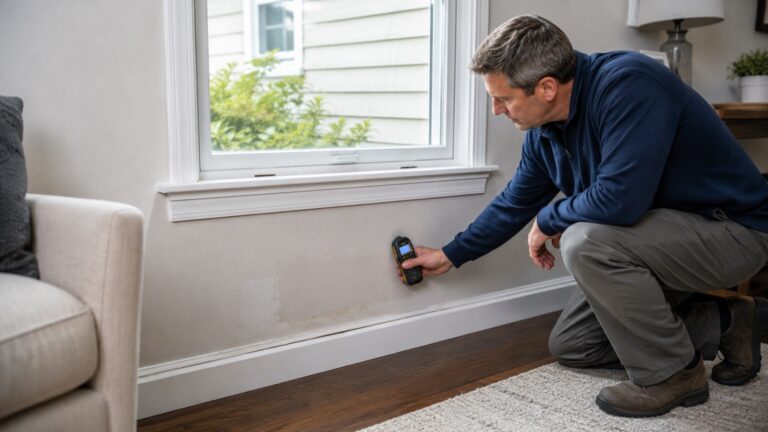 Homeowner checking a lower wall and baseboard where subtle moisture damage has returned after repairs