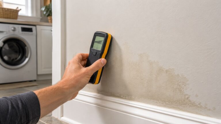 Homeowner using a pinless moisture meter on a damp wall near a laundry room baseboard
