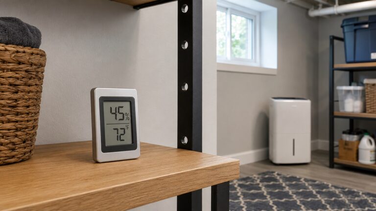 Small digital hygrometer monitoring indoor humidity on a shelf in a finished basement room