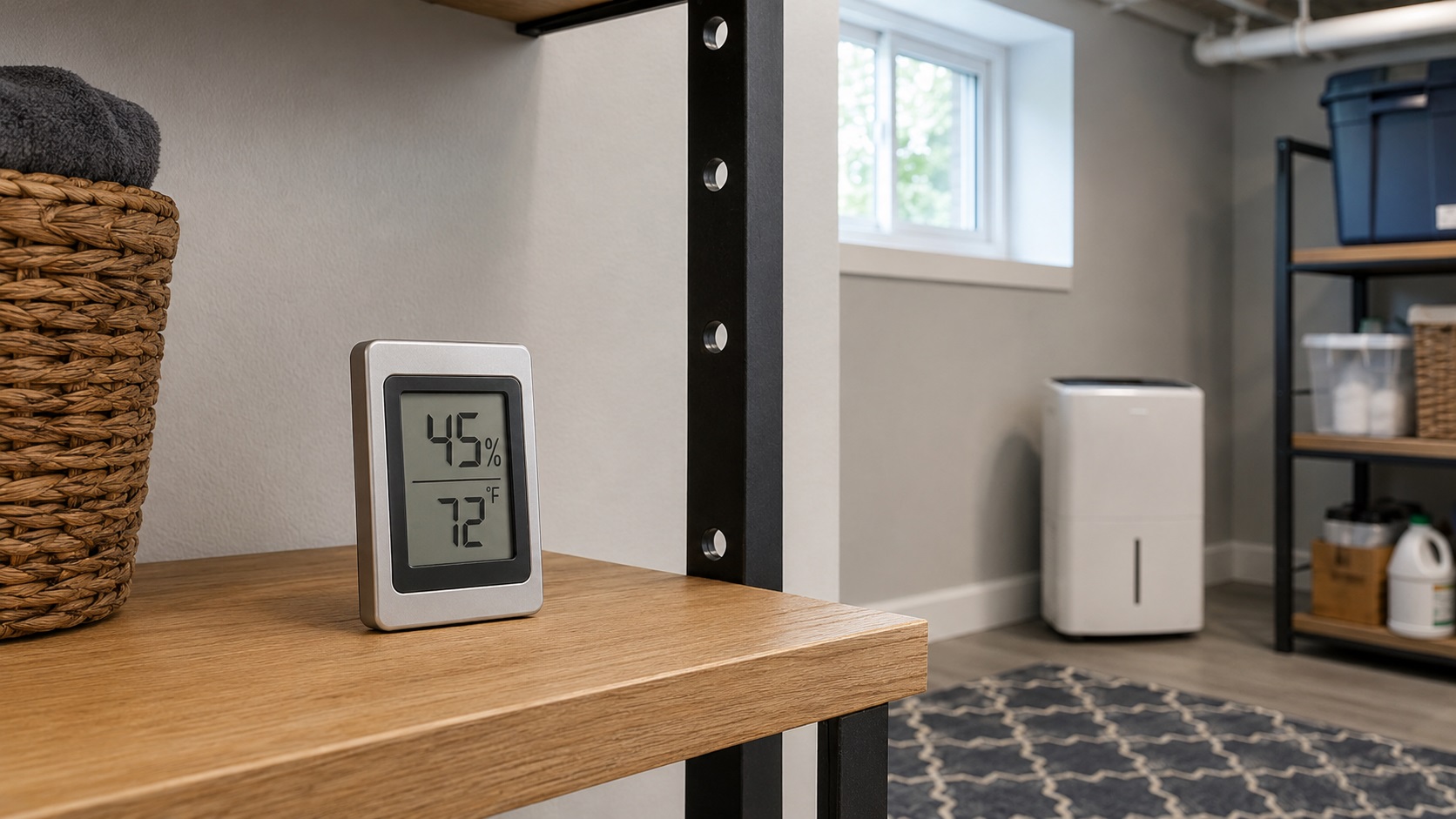 Small digital hygrometer monitoring indoor humidity on a shelf in a finished basement room