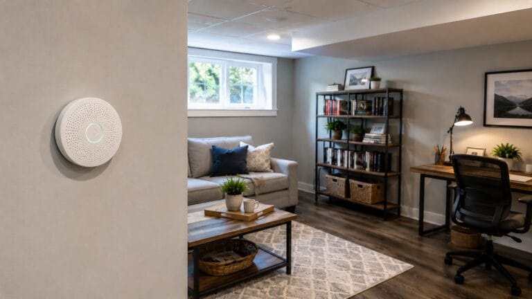 Indoor air quality monitor in a finished home room used for tracking radon, humidity, CO2, VOCs, temperature, and air pressure.