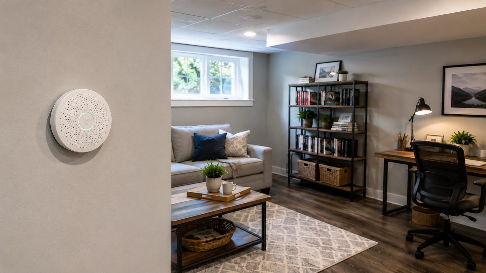 Indoor air quality monitor in a finished home room used for tracking radon, humidity, CO2, VOCs, temperature, and air pressure.