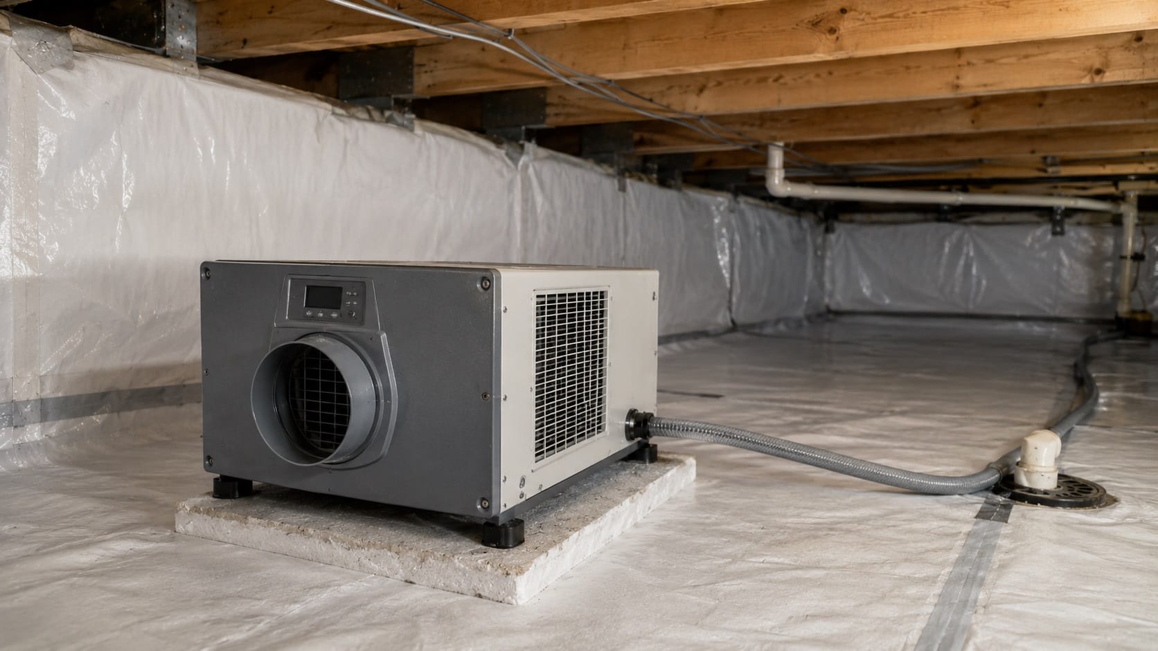 Professional-style crawl space dehumidifier installed in a sealed crawl space for humidity control