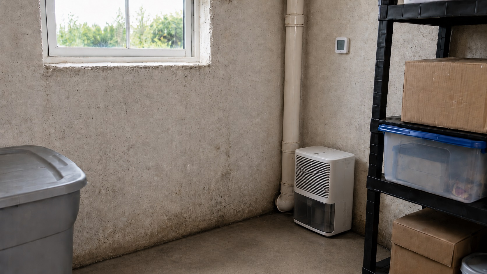 Basement storage room with subtle humidity signs, a dehumidifier, and a wall humidity controller