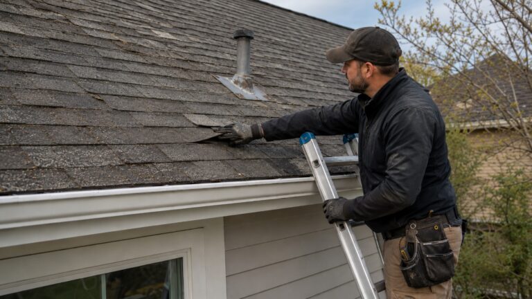 Contractor inspecting worn shingles and flashing for common roofing material failures that can lead to roof leaks