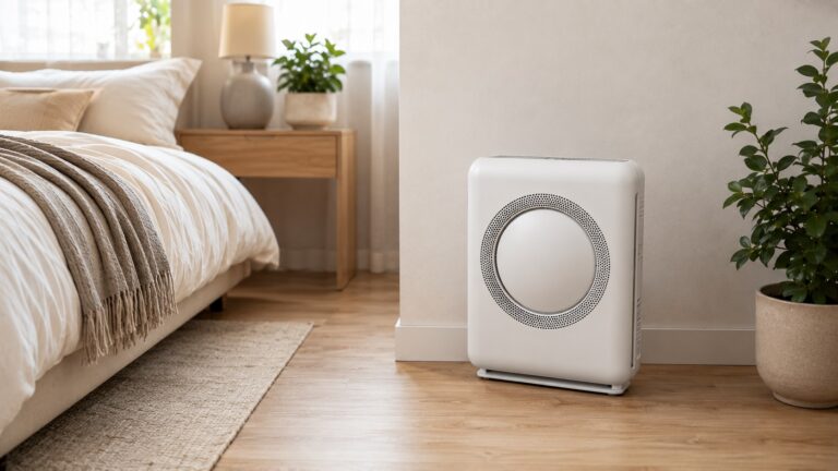 Room air purifier running in a clean bedroom for indoor air quality support